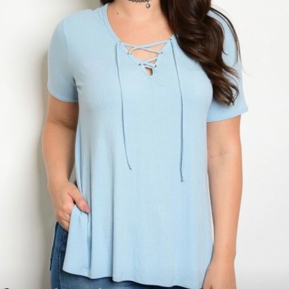 Boutique - plus size baby blue lace up top